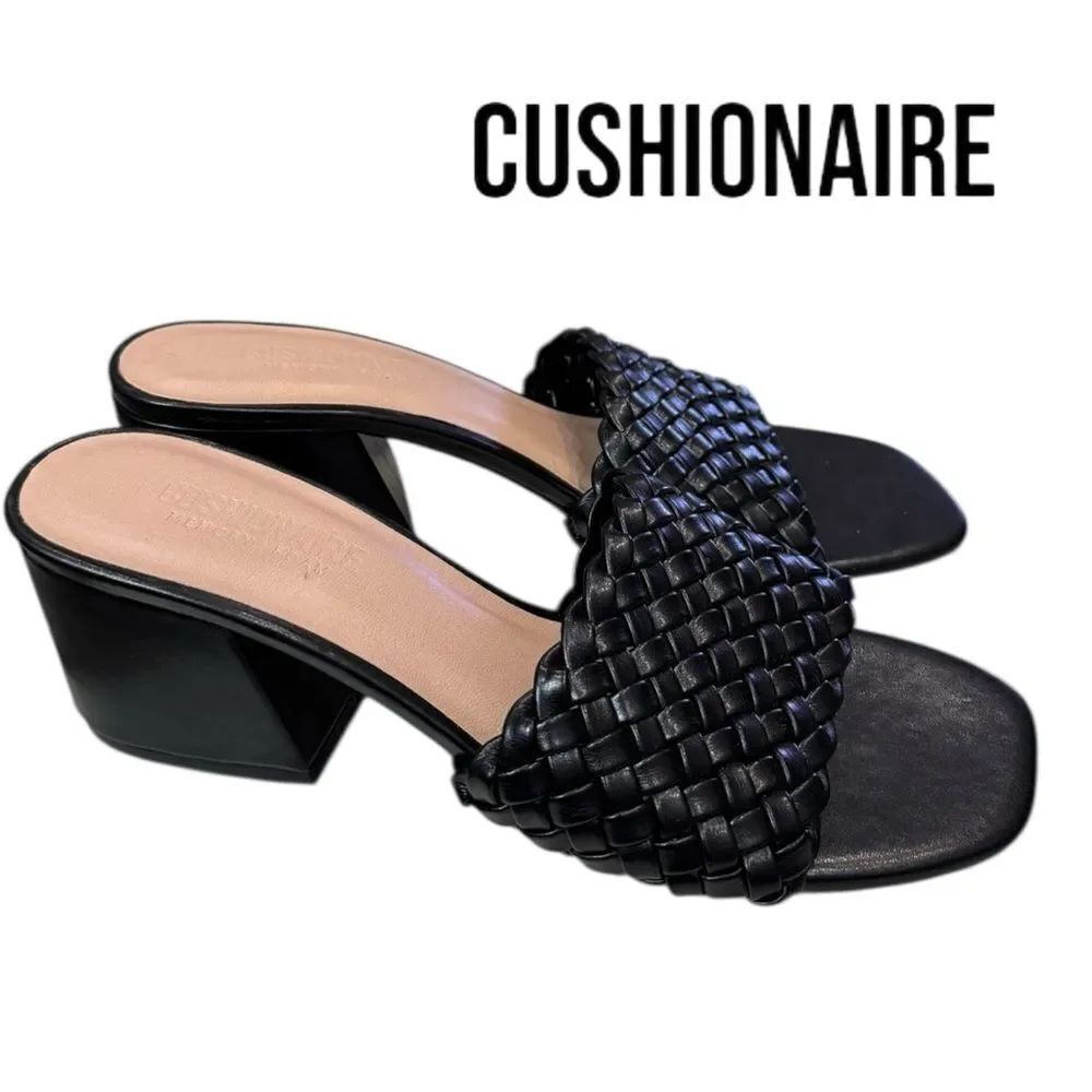 Cushionaire Women's Tasha Memory Foam Heeled Black Woven Band Slide Sandals 9